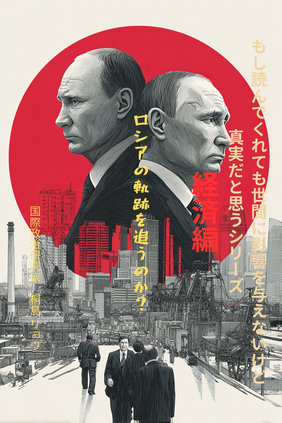 立ち姿の2人の男性にビルやクレーンのある都市背景、赤い円と日本語の文字。