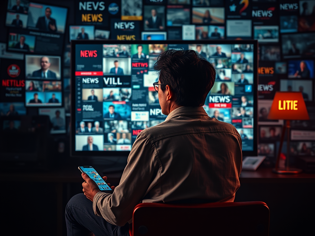 多くのスクリーンに囲まれた男性がスマホを見ている。ニュース画面が多数表示されている。