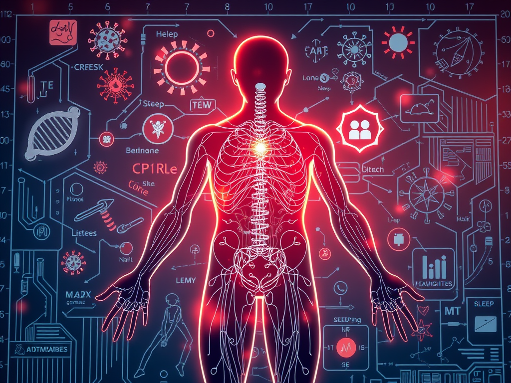 人体のシルエットと神経系、周囲に科学的なアイコンが配置されています。