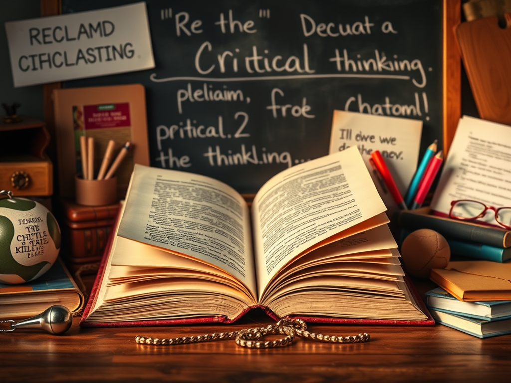 開かれた辞書、木製デスク、背景に黒板と文房具。