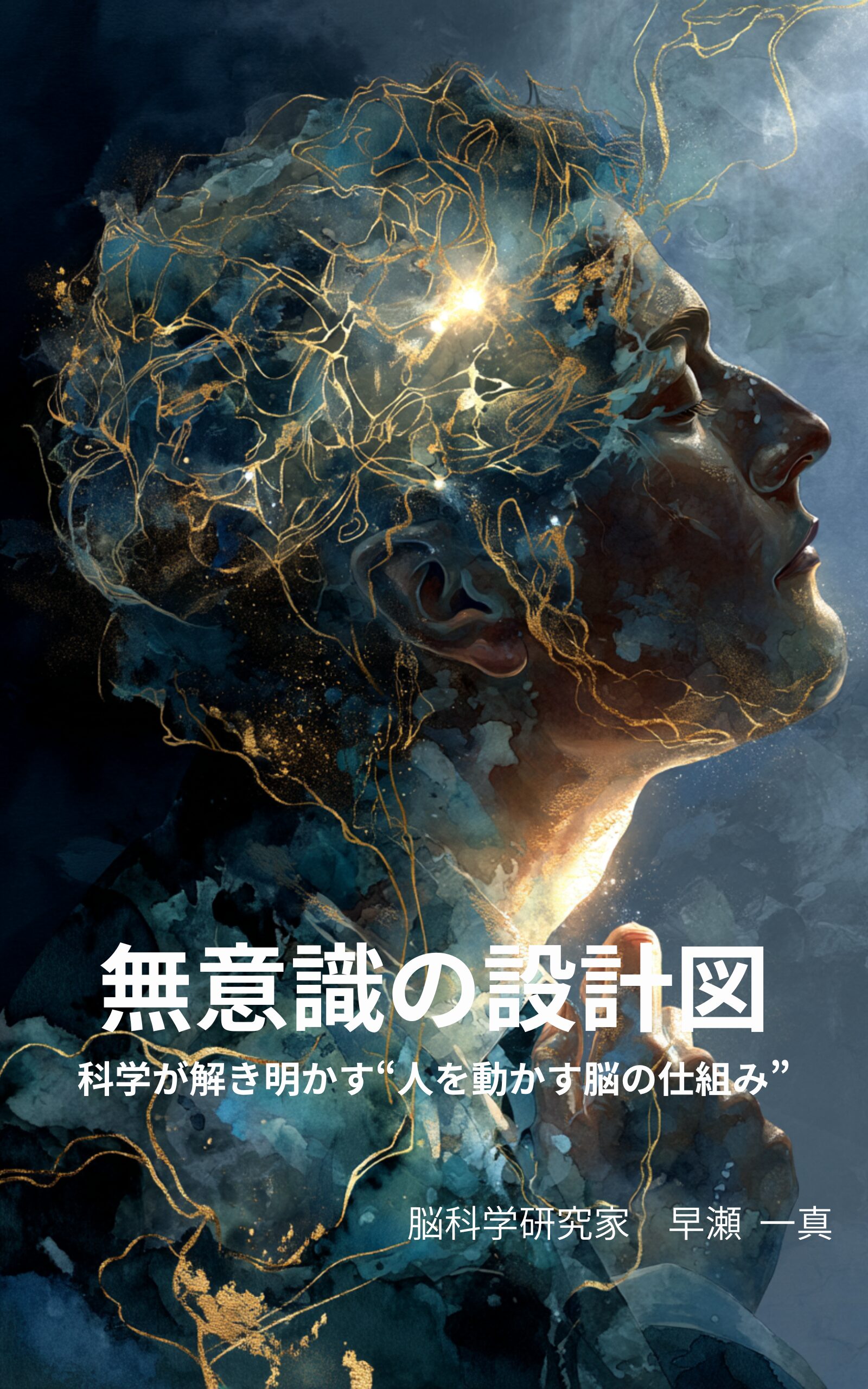 青と金の抽象模様に包まれた横顔の男性。